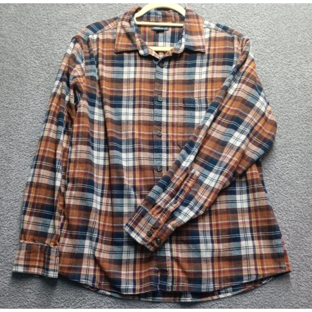 Eddie Bauer Plaid Flannel Shirt Men's L Brown‎ Long Sleeve Button Front
